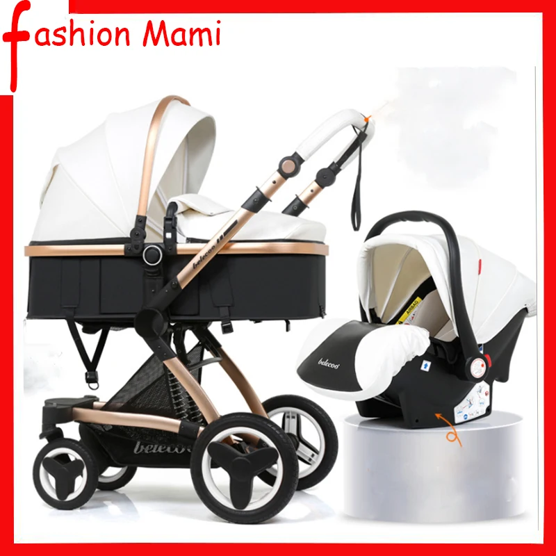 

New product PU foldable baby stroller 3 in 1 can sit lie folded two-way shock Four wheels Multifunction Baby carriage