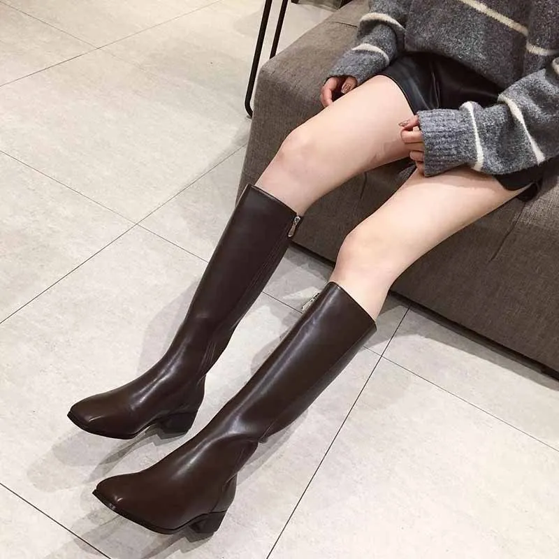 

Riding Boots Women's Boots Autumn And Winter 2019 New Style Semi-high Heeled Slimming plus Velvet Leather Boot Boots with Chunky