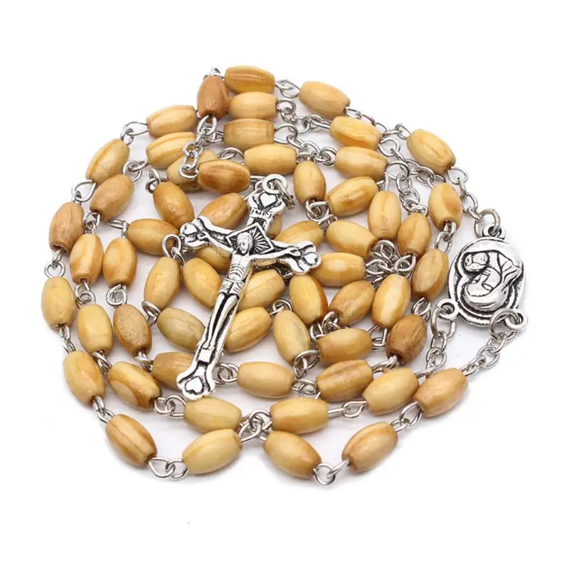 Ручной работы круглый шарик католические четки крест религиозное ожерелье из деревянных бусин подарок