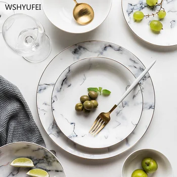 

Creative Marble Stripe Large Round Ceramic Plate Western Steak Pasta Salad Fruit Dessert Cake Storage Tableware Wholesale