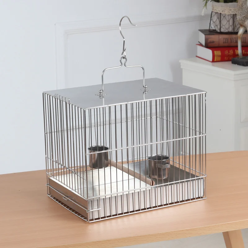 Square Stainless Steel Bird Cage With Feeder Wood Perch Parrot Bathing