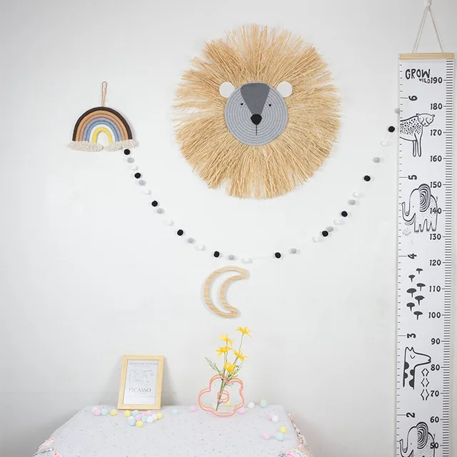 Kids Room Decor Animal Head Wall Decor Hand Woven Cartoon Lion Kindergarten Nursery Hanging Decorations Cotton Thread Weaving 1