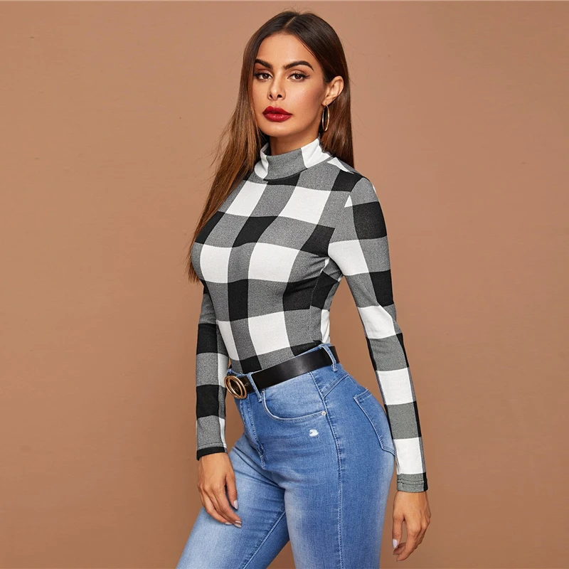 SHEIN Красная футболка в клетку Buffalo, облегающий Топ, Женская Весенняя Офисная Женская эластичная Элегантная футболка с воротником-стойкой
