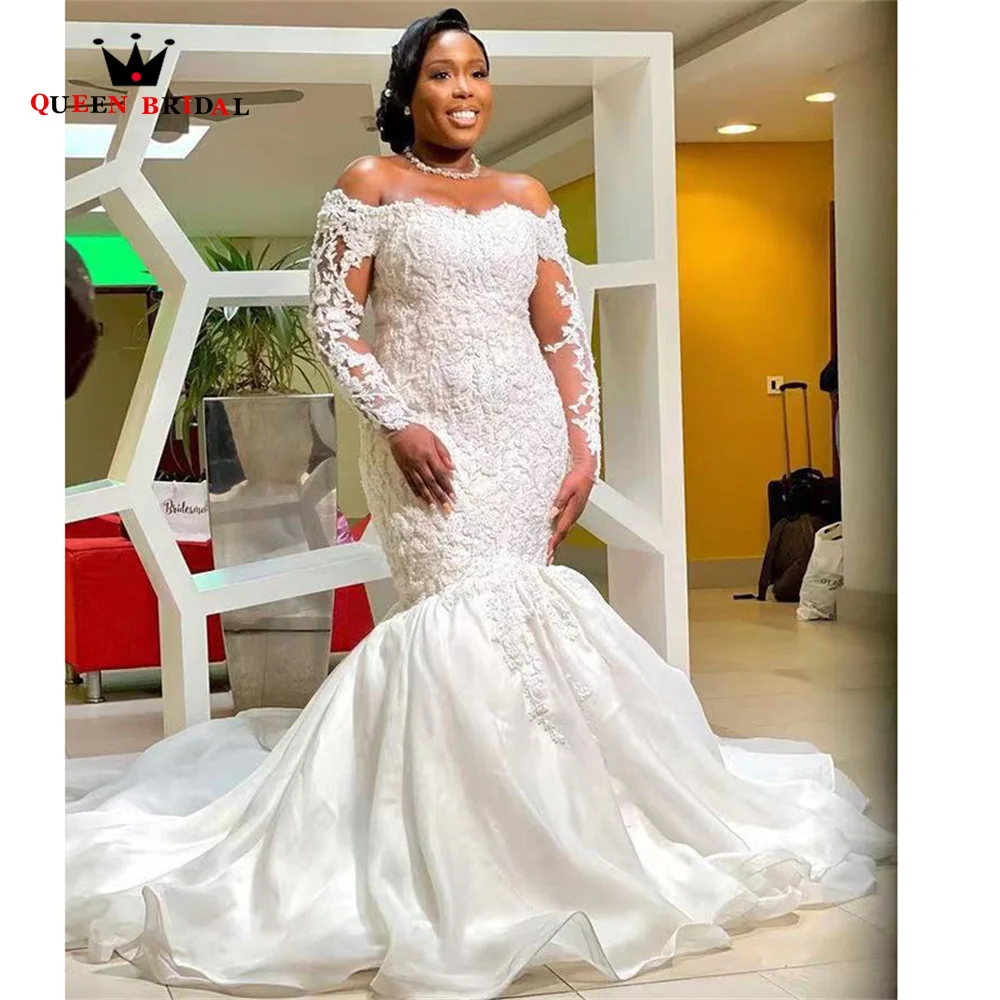 

Sexy Mermaid Long Sleeve Wedding Dresses Tulle Organza Lace Beaded Appliques Plus Size Women Bride Gowns Custom Size SK65M