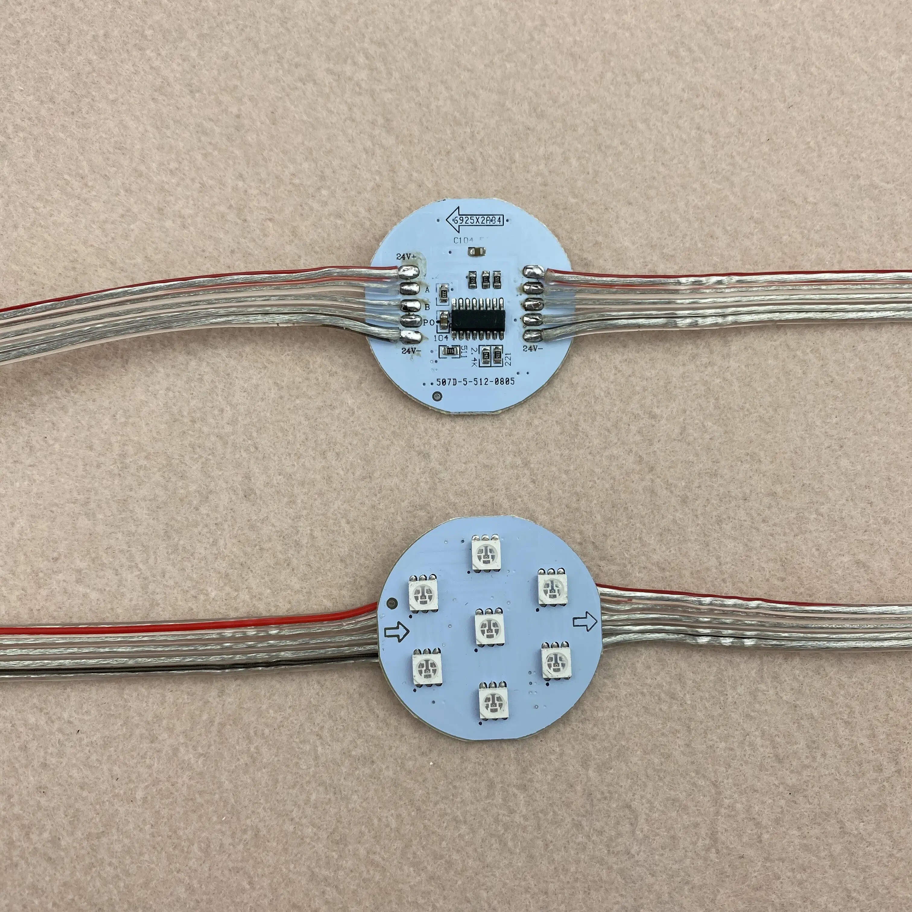 20pcs/string;IP20;DC24V RGB DMX512(UCS512 chip);5050 SMD addressable pixel;1.68W;40mm diameter round type