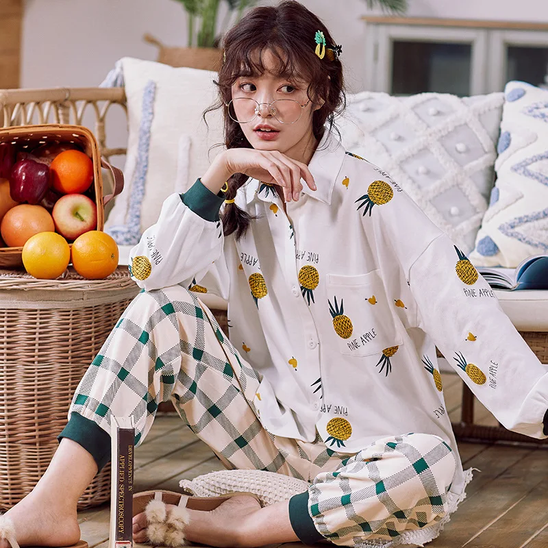 style-4 Весенняя, осенняя, зимняя Пижама, женская, Клубничная, Вязанная, хлопковая, с принтом, с длинным рукавом, милая, повседневная, домашняя одежда, женская пижама - Цвет: style-4