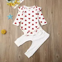 Emmaaby/Одежда для детей и малышей; одежда с сердечками для девочек; Ползунки с оборками с длинными рукавами и принтом «любовь»+ штаны; комплекты одежды; Спортивный костюм; сезон осень