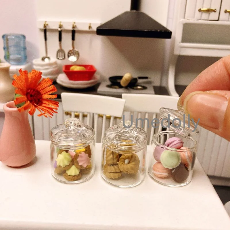 Doll House Toys Pretend Food Toys 1:12 Dollhouse Accessories Miniature Scene Model Display Mini Biscuit Macaron Cookie Glass Pastry Jar