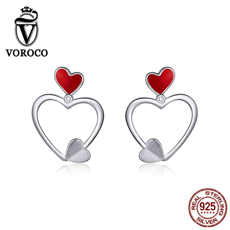 VOROCO GXE847 полые красное сердце Настоящее серебро 925 пробы Серьги гвоздики Любовь
