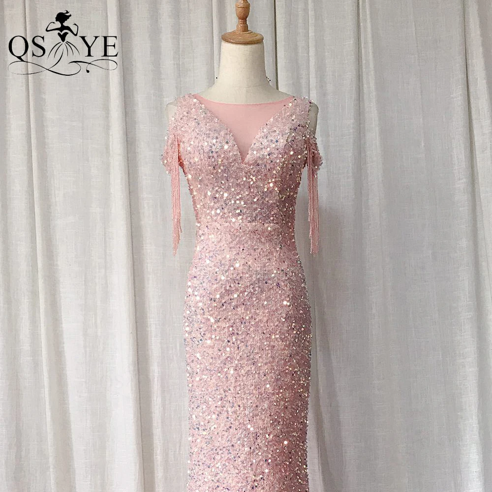 Sparkle Pink Evening Dresses Beading Side Sleeves Sequin Prom Gown Fit Glitter Party Dress Mermaid V Neck Women Formal Gown 2021 white evening dresses