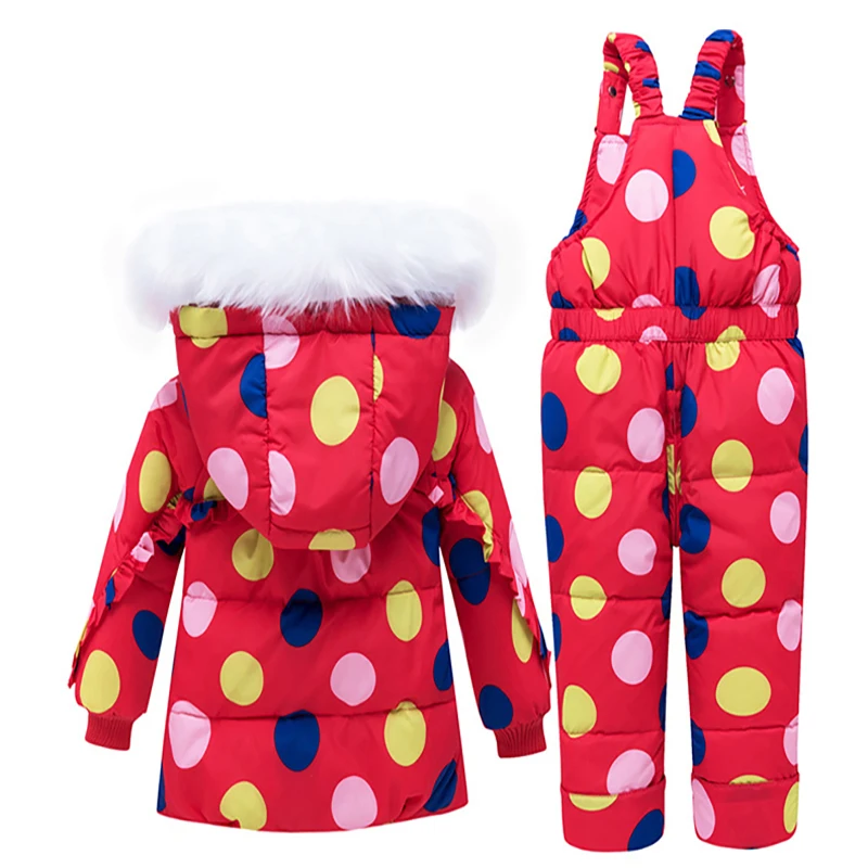 Зимний комплект с пуховиком для малышей, коллекция года, модный теплый зимний костюм на утином пуху для маленьких девочек, куртка с капюшоном+ комбинезон для малышей комплект из 2 предметов