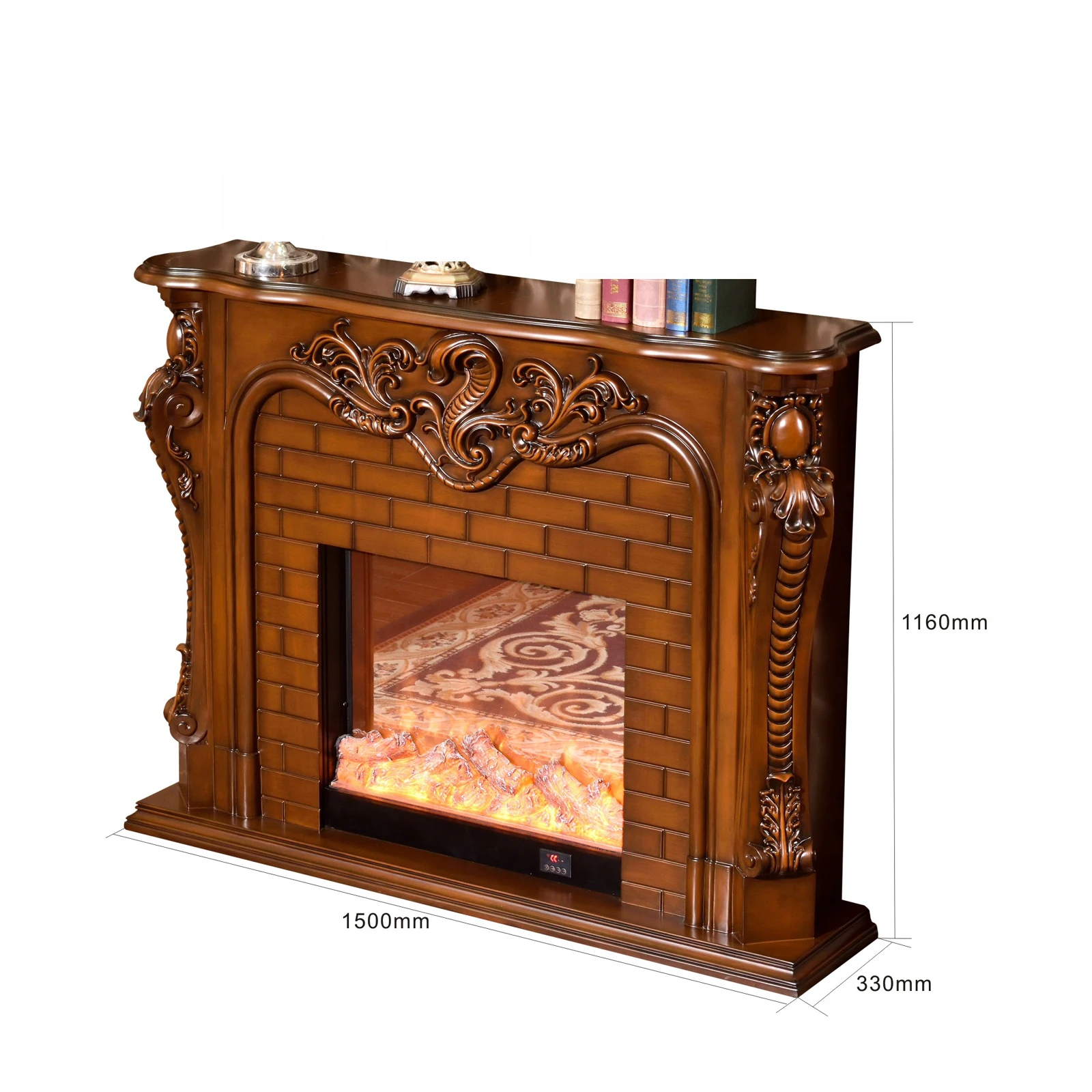 Fireplace Set W150cm European Style Chimneypiece Solid Wooden Mantel Plus Electric Firebox Insert Living Room Decor Heater