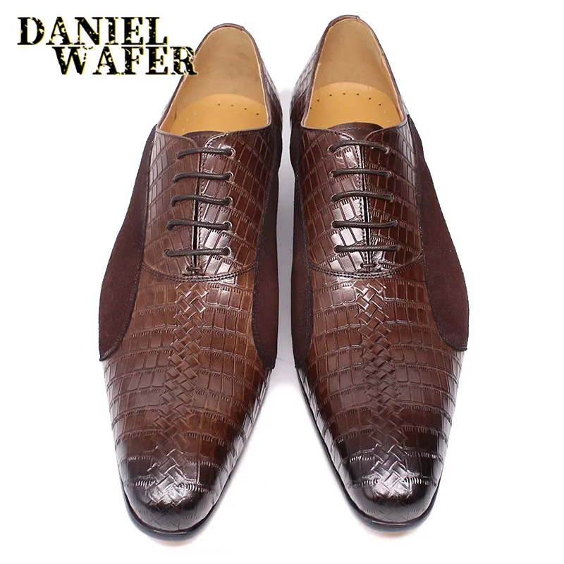 Luxury New Fashion Oxford Man Dress Shoe Lace up Pointed Toe Coffee Black Office Wedding Shoes Suede Patchwork Leather Men Shoes