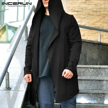 

INCERUN Men Trench Hooded Outerwear Open Stitch Streetwear Long Sleeve Windbreaker Plain Stylish Chic Casual Men Long Coats 2020