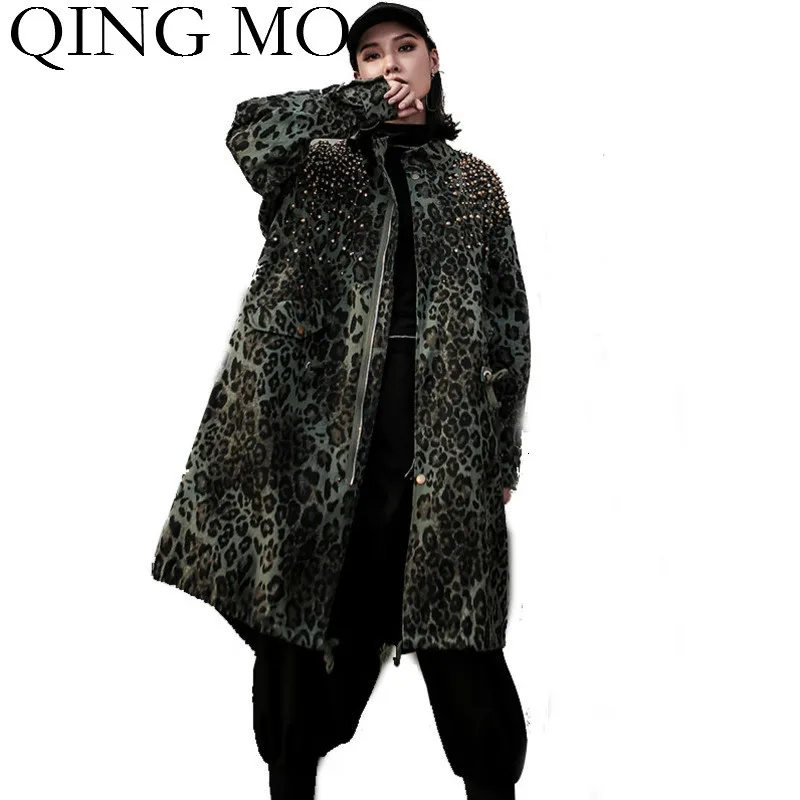 

QING MO Leopard Printed Women Coat Safari Style Women Autumn Elegant Coat With Rivet Women Drawstring Coat 2019 ZQY1710