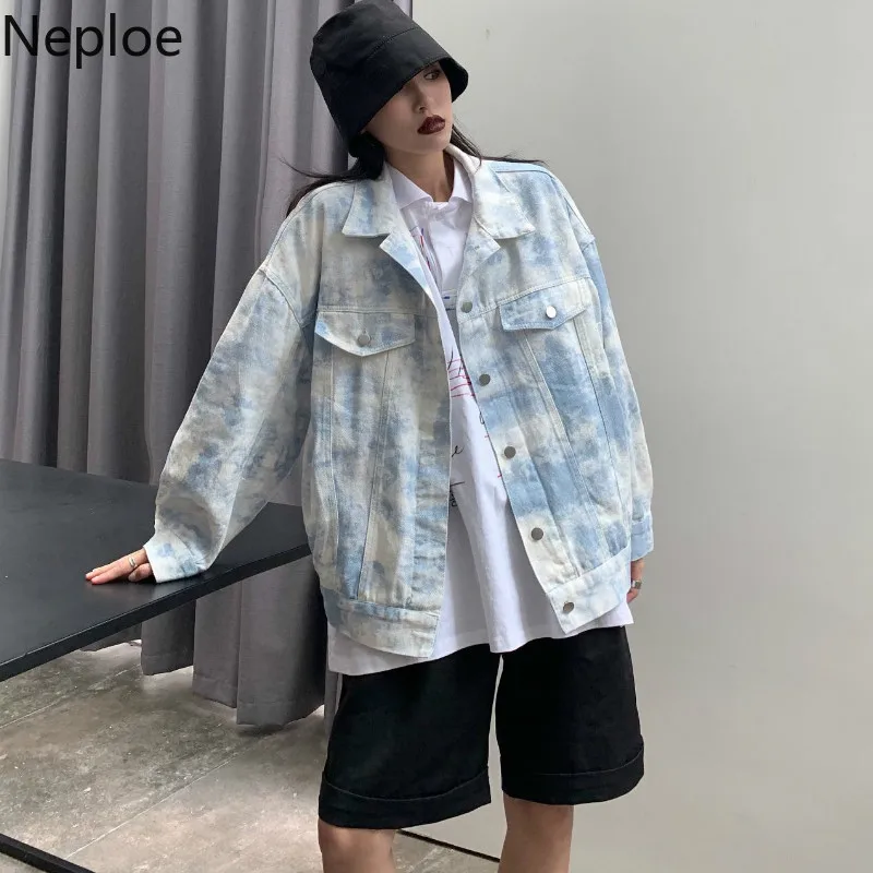 

Neploe Korean Harajuku Style Casual Denim Jacket Women Loose Tie Dyeing Student Veste Femme Autumn Button Chaquetas Mujer 46031