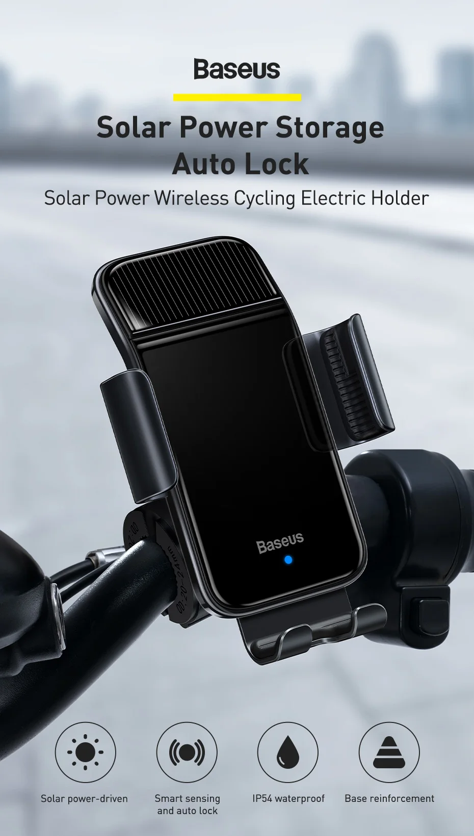 Baseus Bicycle Phone Holder Solar Power Electric Sensor Motorcycle Mobile Cellphone Stand GPS Mount For iPhone Samsung XIAOMI wireless charging stand for iphone and apple watch