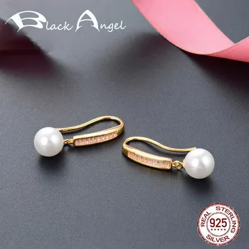 

Gold Color 1 Row Zircon White Round Pearl Earrings Women 925 Sterling Silver Drop Earrings Wedding Fine Jewelry