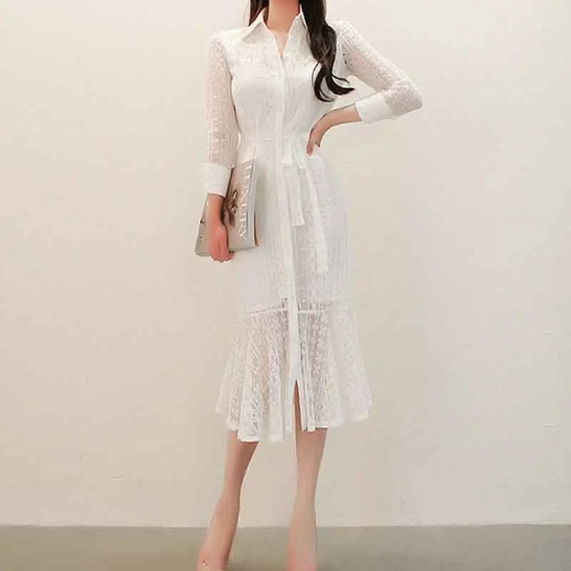 

OEING New Spring Autumn Vintage Green Lace Dress Women Autumn Hollow Out Single-Breasted Dress OL Lace-Up Mid-Calf Party Casual