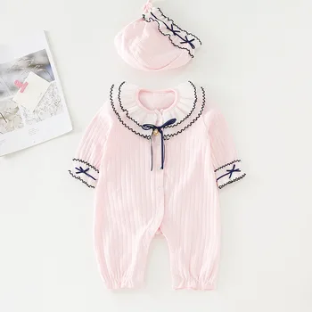 

New Infant Baby Girls Jumpsuits Autumn Long Sleeves Clothes Lace Bow Splicing Princess Rompers+hat 2 PCS Sets Newborn Bodysuits