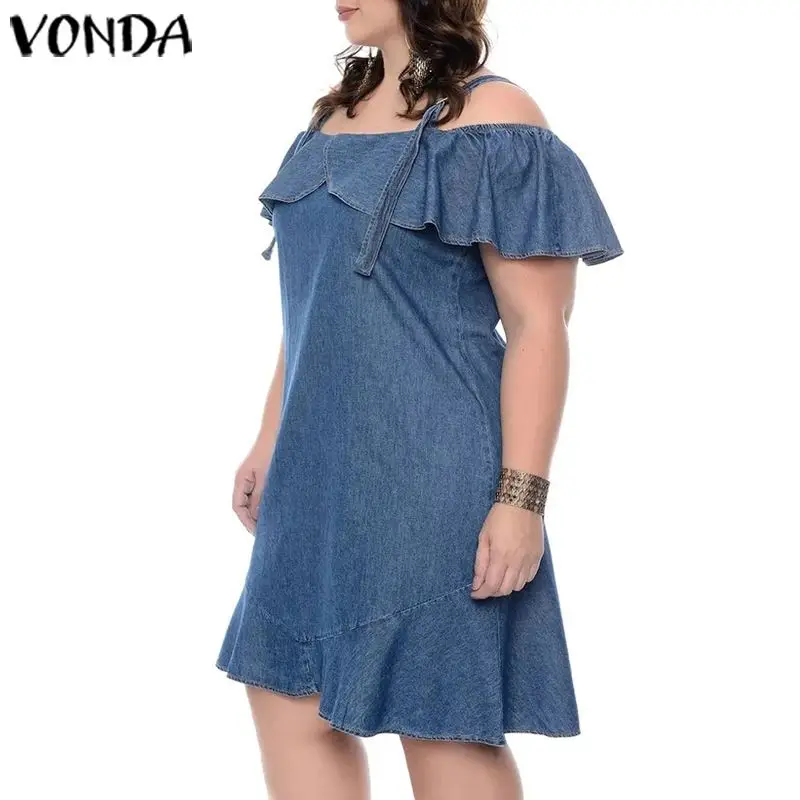 VONDA 2020 Demin Dress Sexy Strap Ruffled Party Maternity Dresses Casual Loose Solid Color Mini Sundress Beach Pregnancy Robe