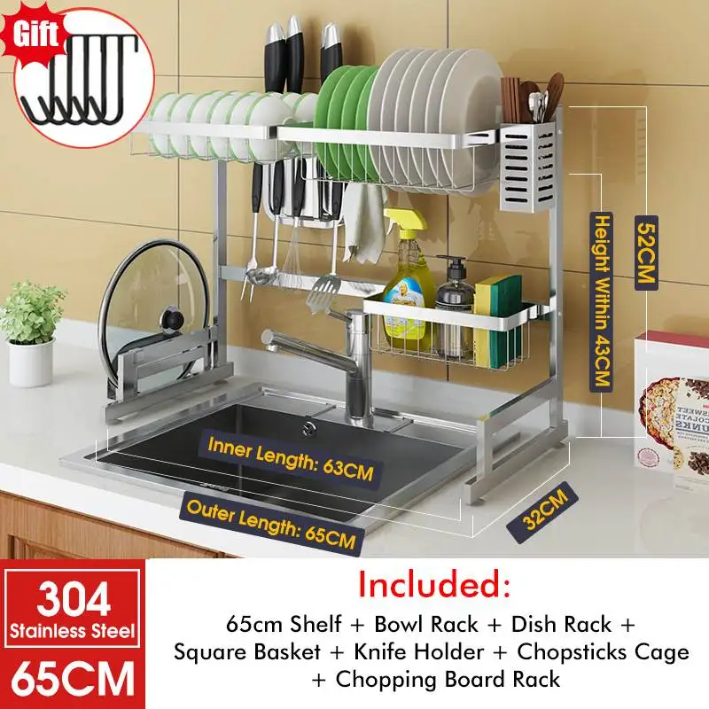 Stainless Steel 65CM Сушилка для посуды над раковиной кухонные принадлежности полка для хранения Столешница Экономия пространства дисплей стенд посуда сушилка Органайзер - Цвет: Stainless Steel 65CM