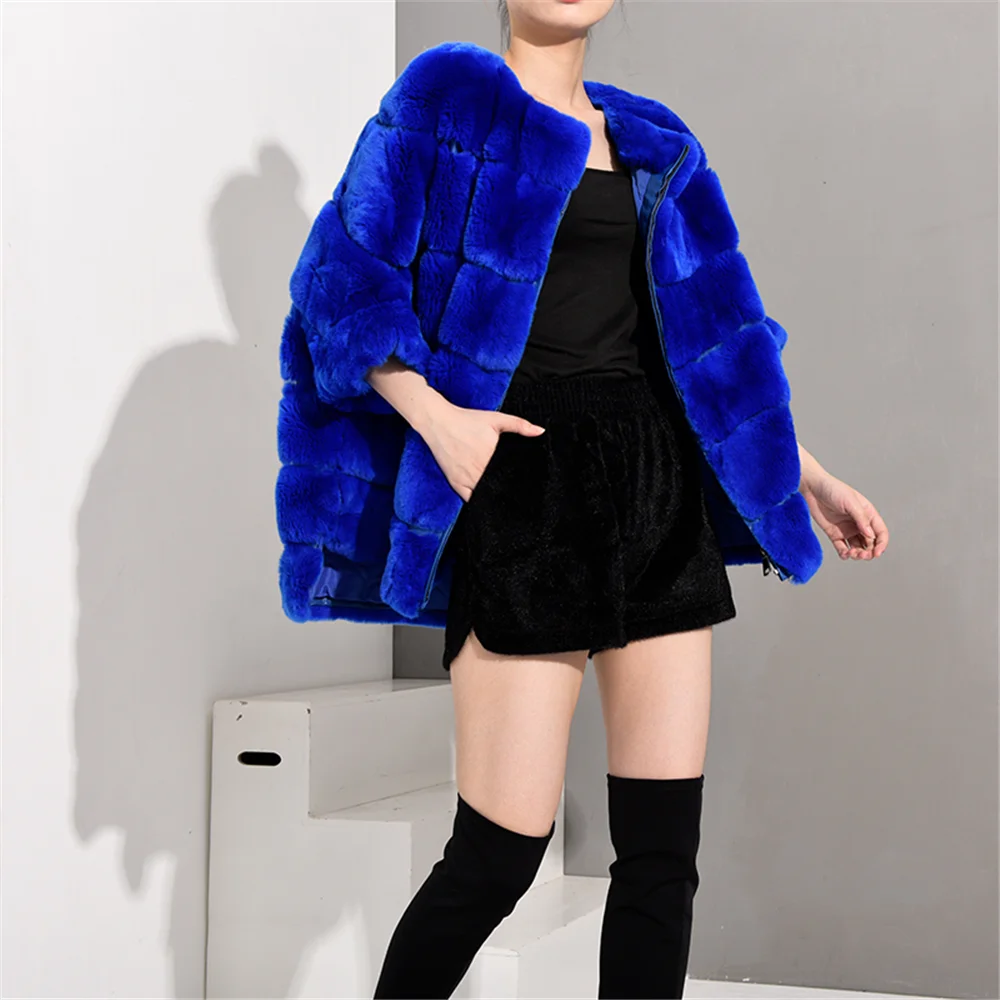 

TOPFUR 2019 Bat Type Winter Coat Women Royal Blue Coat Women Leather Jacket Plus Size Real Fur Coat Rex Rabbit Fur Jacket Women