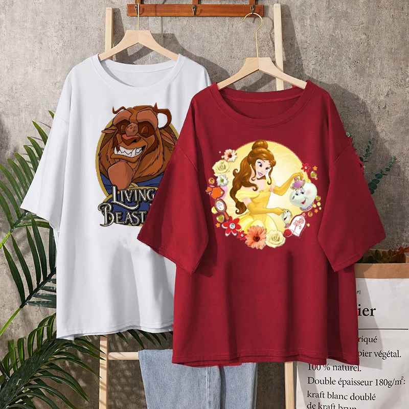 Belleza y el bestia T Camisa de algodón de las mujeres negro princesa Bella impresión pantalón corto Casual manga 90s Vogue camiseta Mujer