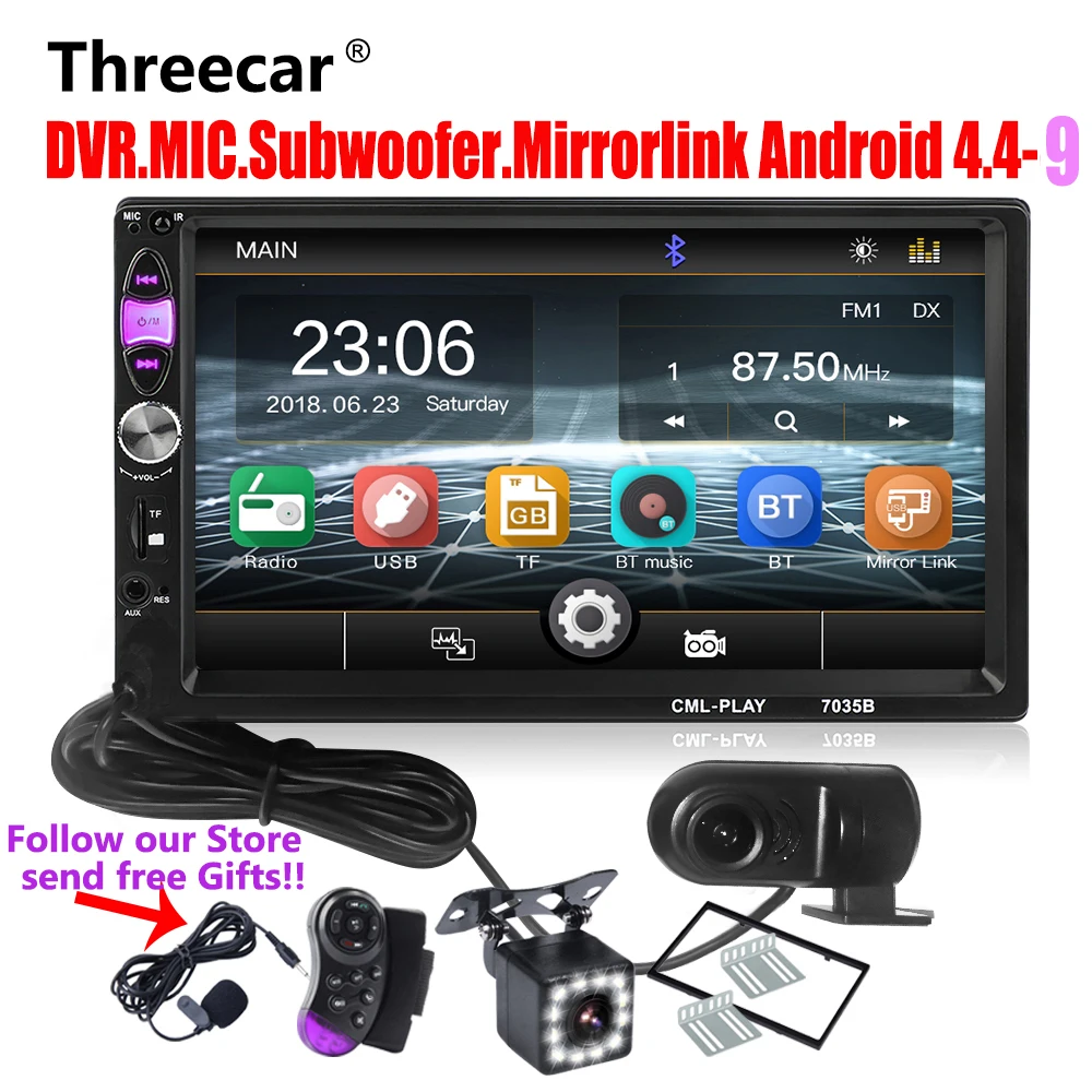 Threecar 2din автомобильное радио Зеркало Ссылка Android Авторадио для сабвуфера Bluetooth handsfree USB DVR микрофон камера заднего вида 2 Din радио