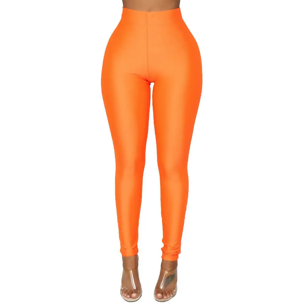 Женские повседневные блестящие леггинсы эластичные длинные штаны модные спортивные бесшовные с высокой талией однотонные узкие Джеггинсы - Цвет: Оранжевый