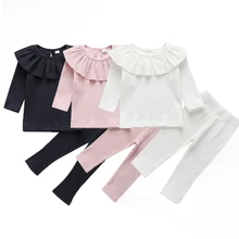 Комплект из 2 предметов; Одежда для маленьких девочек; вязаные топы с оборками; штаны; однотонные 3 цветные наряды; Прямая поставка