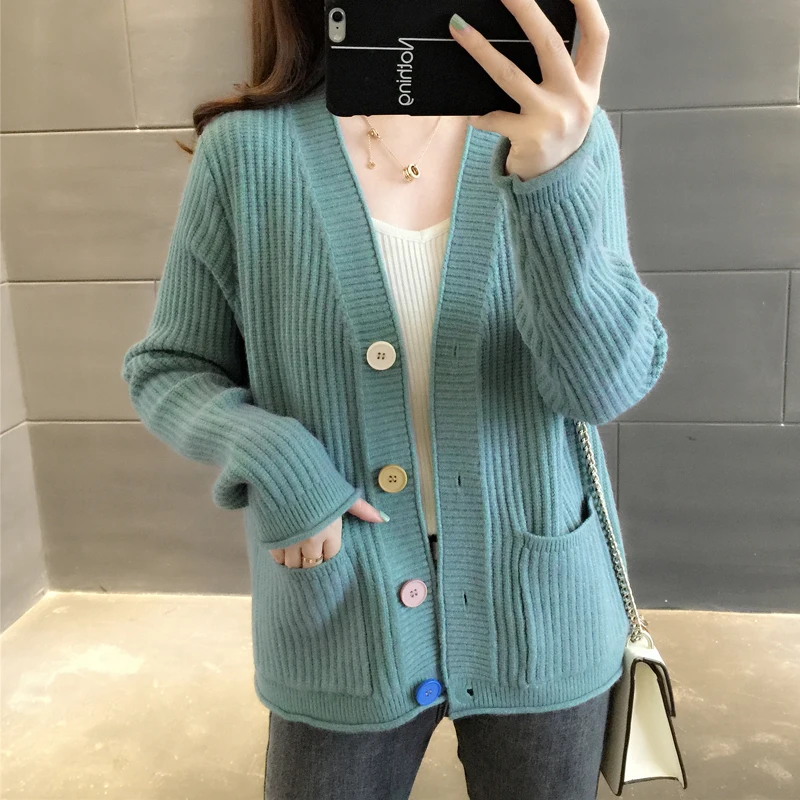 

Fashion Colorful Buttons Knitted Cardigans Spring Autumn Casual Long Sleeve Cardigan Women Tops V Neck Pocket Sweater Coat