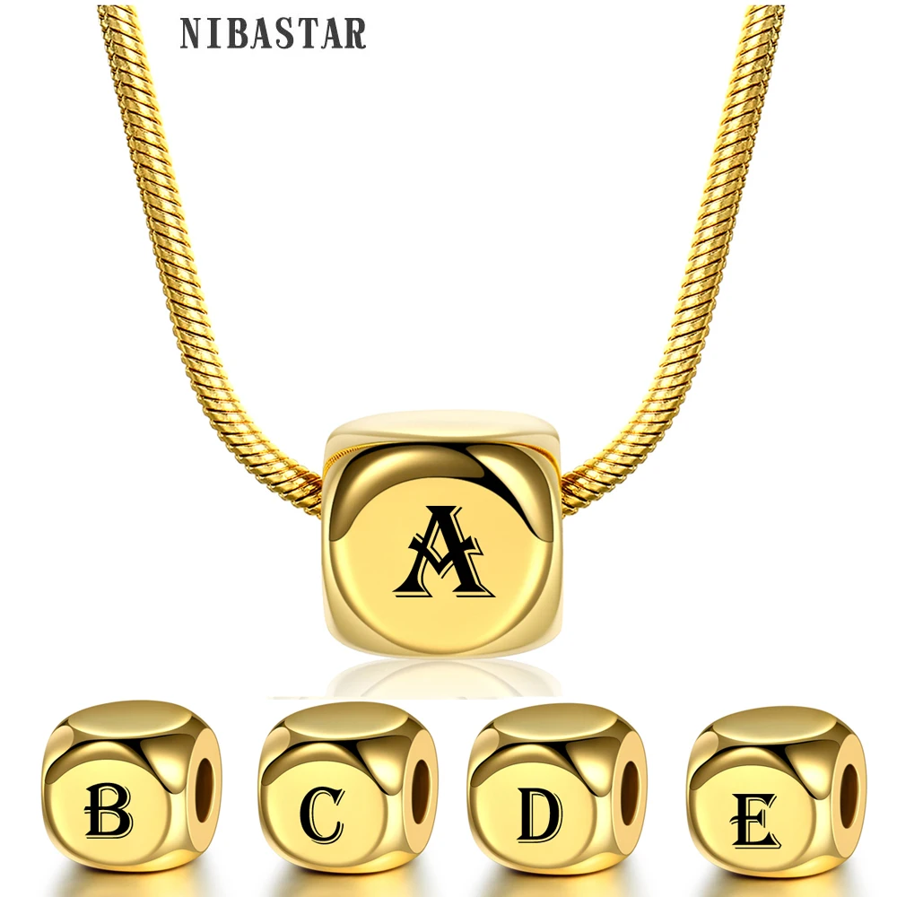 Gold-Color Stainless Steel Initial Alphabet Necklace square Pendants 50cm Snake Chain Necklaces For Women Girls | Украшения и