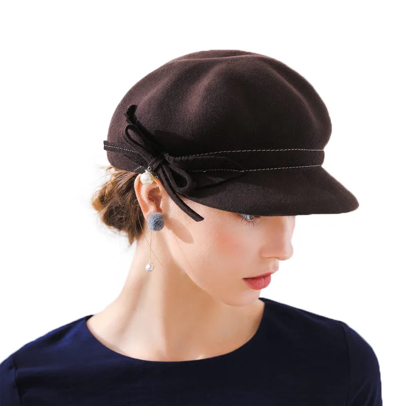 

Women Fashion Newsboy Caps with Bowknot Autumn Winter 100% Wool Felt Hat Pearl Female Solid Color Hat M60