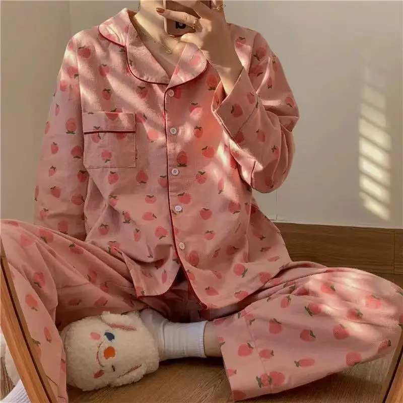 Kupokasi Trendy Women Pajamas Sets Autumn Long-sleeved Trousers Cute Cartoon Cardigan Homewear Suit Kawaii Pajama Sleepwear