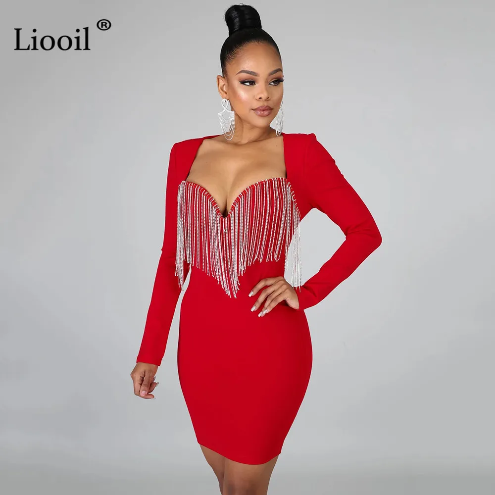 Liooil, сексуальное облегающее мини-платье с кисточками и бриллиантами, Женская Клубная одежда с длинным рукавом, без бретелек, черный, белый, красный цвета, облегающие вечерние платья для ночного клуба