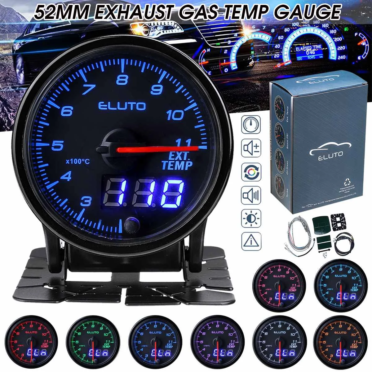 

Eluto Universal 2"52mm Car Exhaust Gas Temperature Gauge Digital & Indicator Pin Double Display 10-color LED Display Car Meter