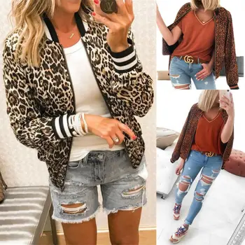 

Women Leopard Print Zipper Up Sweatshirt Coat Lady Long Sleeve Jacket Outwear