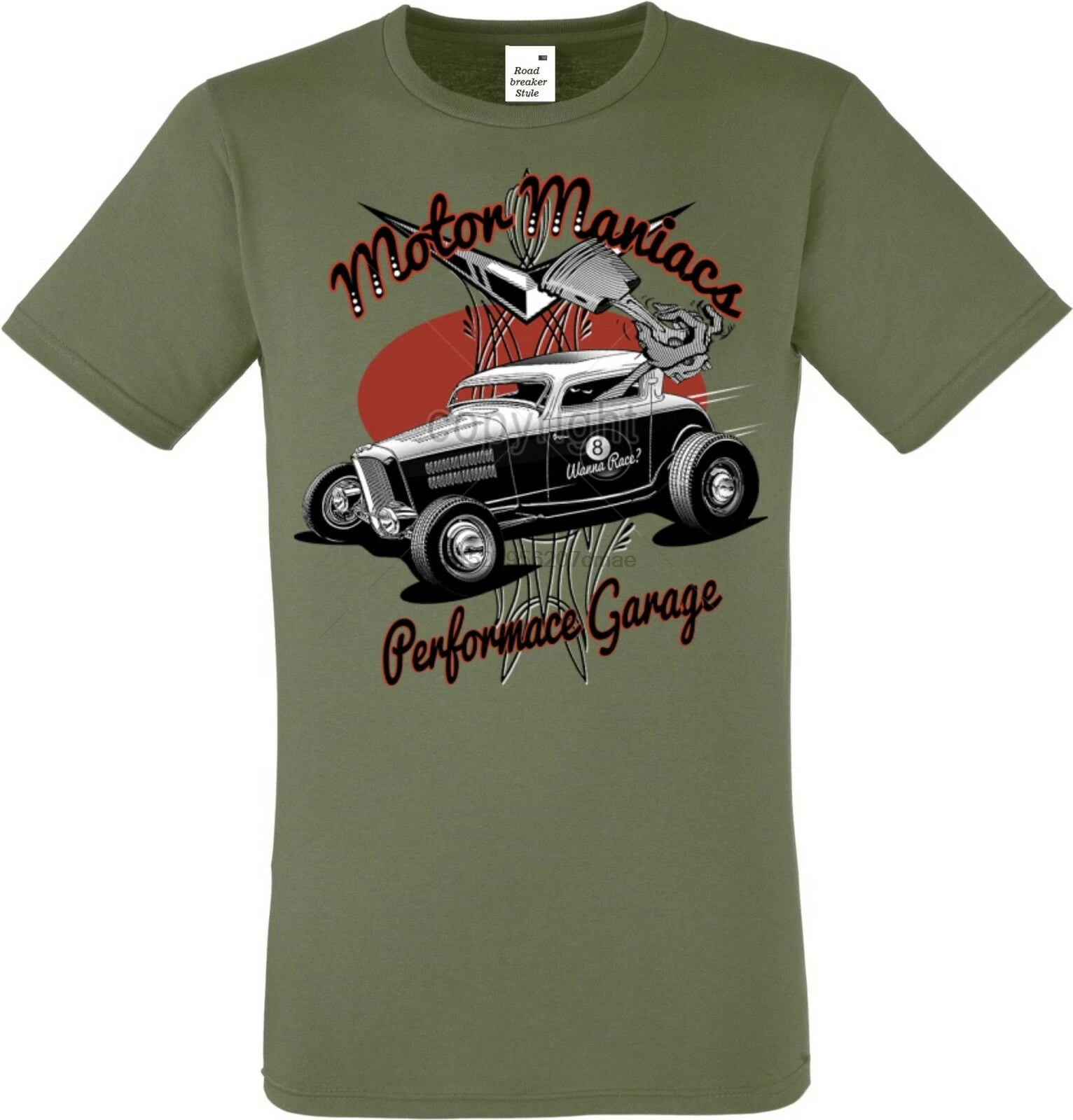 T shirt in olive green hue with a hot rod us car' 50 stylemotiv model engine |