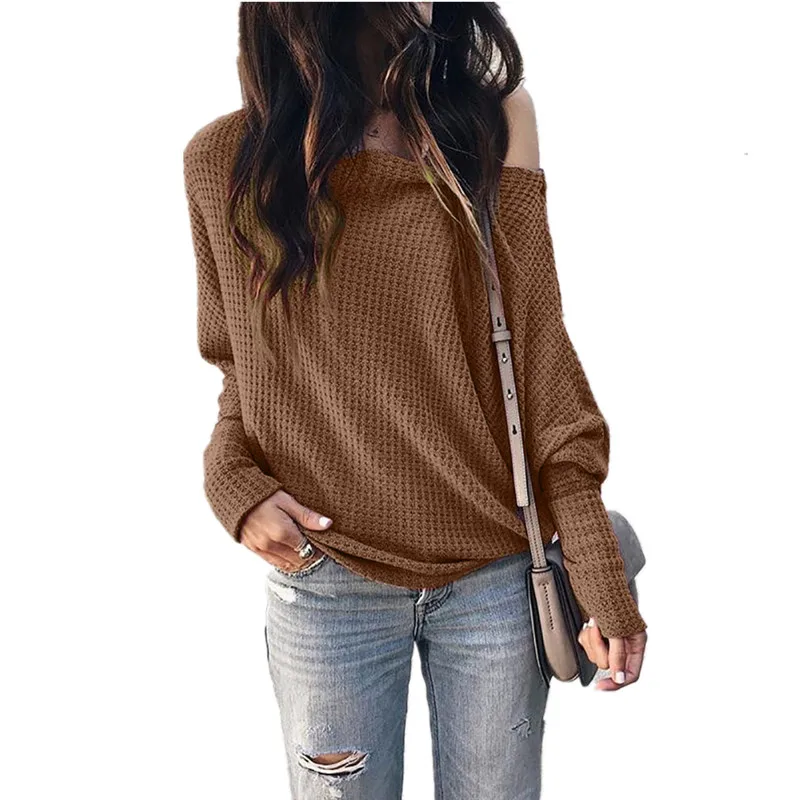 Новинка года; сезон осень-зима; модная Свободная Женская одежда с наклонным плечом; футболка с длинными рукавами «летучая мышь»; топы - Цвет: Brown