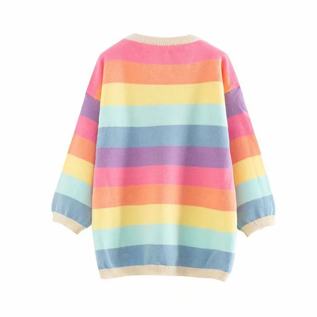 Womail Rainbow Stripe Casual jersey mujer invierno Winter fashion knit sweater women tops O-Neck Loose Long pull femme nouveaute