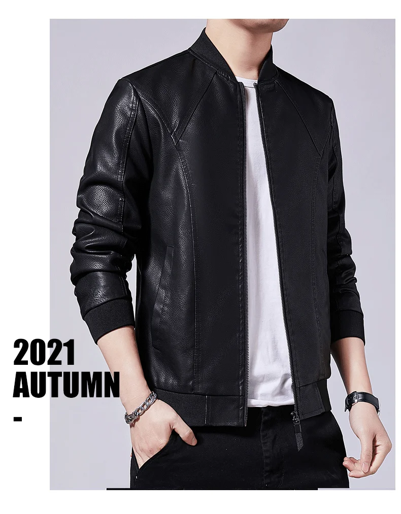 best leather motorcycle jacket Slim leather coat men's autumn winter stand-up collar PU Tops/ men's stitching baseball coats fashion motorcycle leather jacket leather racer jacket