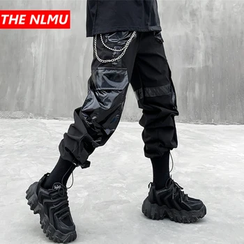 

2020 Men Elastic Waist Harem Pant Hip Hop Streetwear PU Leather Patchwork Trousers Joggers Male Jogger Cargo Pants Black WG948