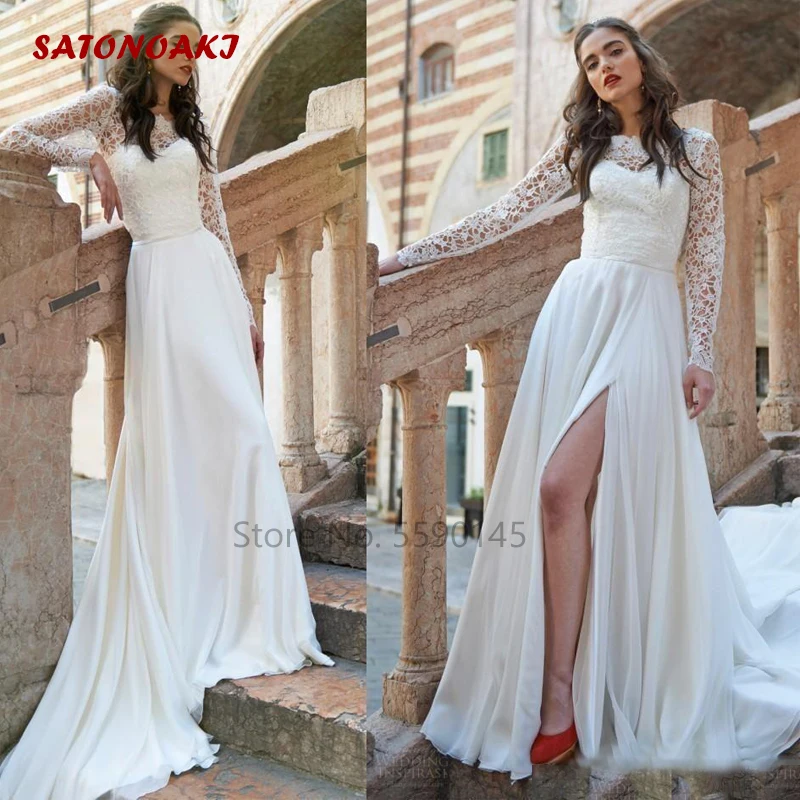2022 New Elegant Long Sleeve Beach Wedding Dress Lace A Line Sheer Neck High Split Chiffon Bridal Gowns Vestido De Novia Online | Свадьбы и