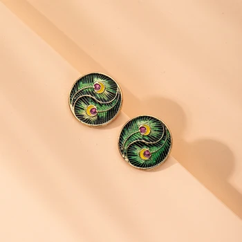 

2020 New Gold Ins Round Green Enamel Peacock Tail Feather Phoenix Bird Geo Stud Earrings Trendy Korean Fashion Women Jewelry