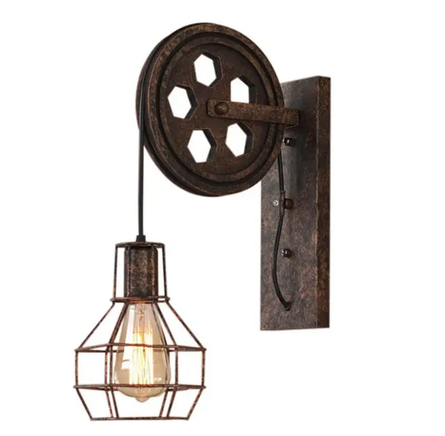 Retro Vintage Wall Light Shade Ceiling Lifting Pulley Industrial Wall Lamp Fixture Iron Loft Cafe Bar Adjustable Sconce Light Rust