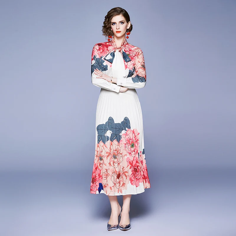 Banulin Fashion Runway Designer Maxi Dresses Women's Long sleeve Bow collar Elegant Rose Floral Printed Pleated Long Dress