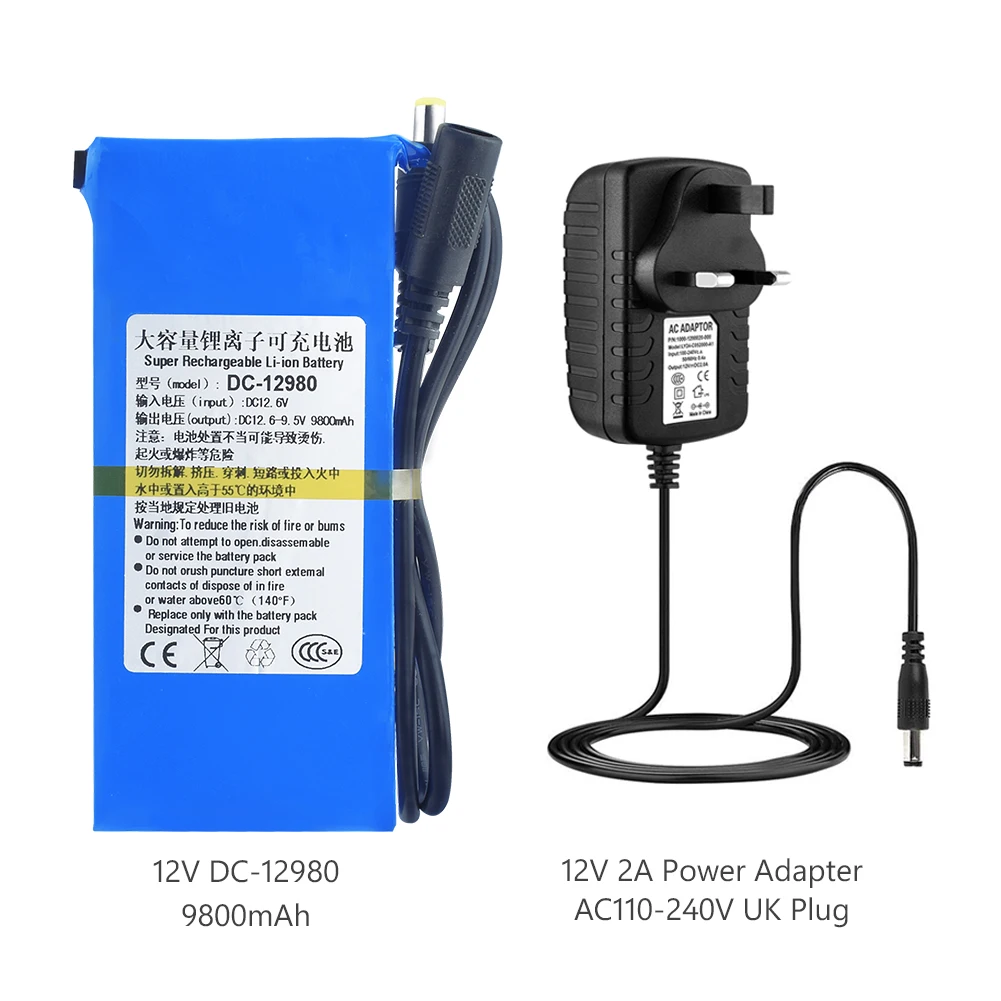 DC 12V DC12980 9800MAH литиевая аккумуляторная батарея запасной литий-ионный аккумулятор с 2A зарядным адаптером защита от перезарядки