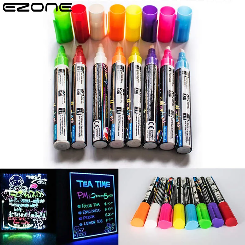 

EZONE Highlighter 8-color set Liquid Chalk Pens Marker Reversible Neon Colours Glass Wipe Clean Dual Nib School Office Supplies