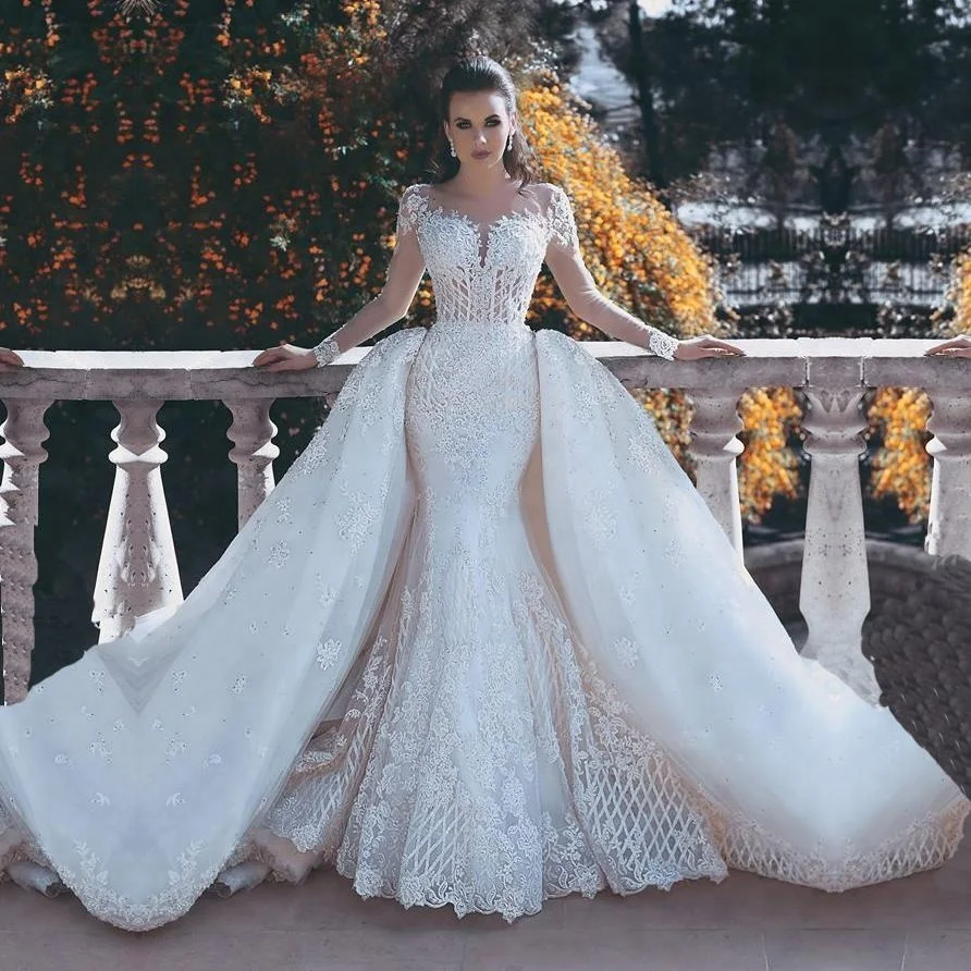 

Luxurious Sheer Long Sleeves Wedding Dresses With Detachable Train Lace Applique Mermaid Dubai Arabic Bride Dress robe de mariee